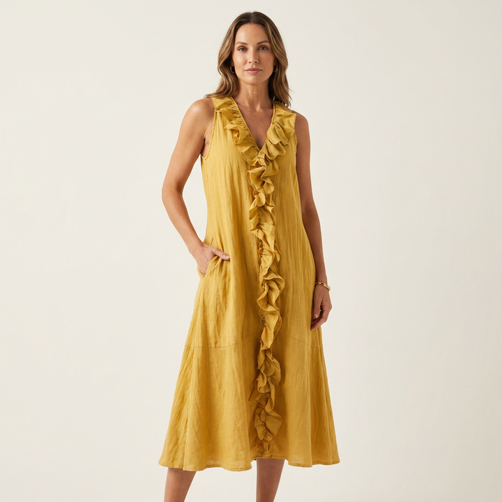 MORGANE™ - Ruffle-Front V-Neck Sleeveless Linen Maxi Dress