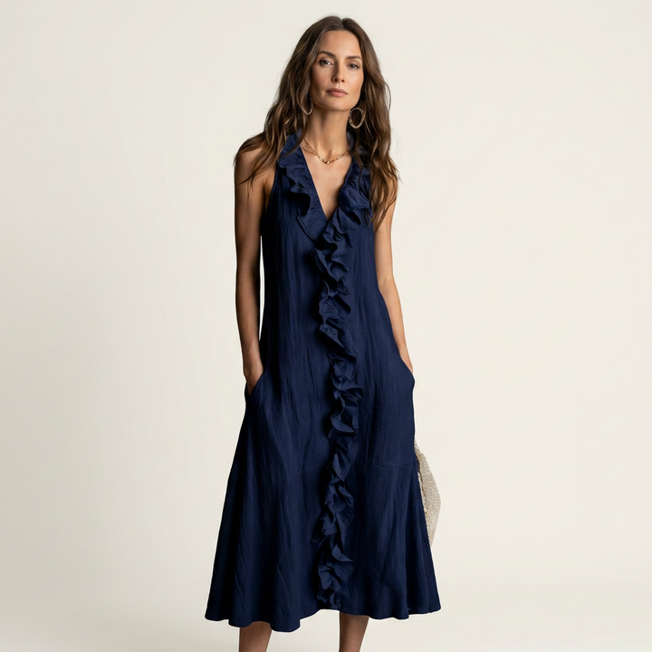 MORGANE™ - Ruffle-Front V-Neck Sleeveless Linen Maxi Dress