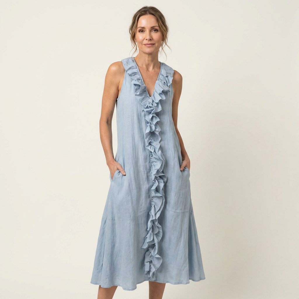 MORGANE™ - Ruffle-Front V-Neck Sleeveless Linen Maxi Dress