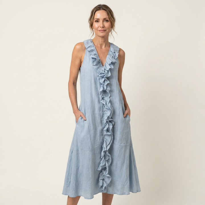 MORGANE™ - Ruffle-Front V-Neck Sleeveless Linen Maxi Dress