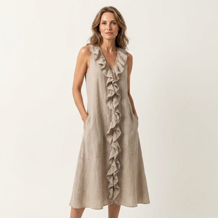 MORGANE™ - Ruffle-Front V-Neck Sleeveless Linen Maxi Dress