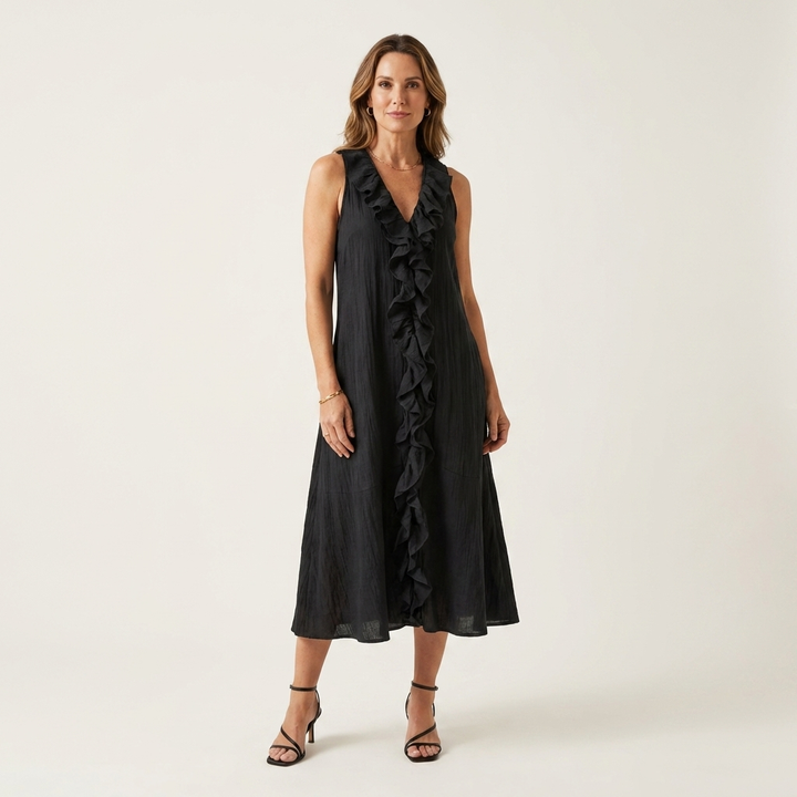 MORGANE™ - Ruffle-Front V-Neck Sleeveless Linen Maxi Dress