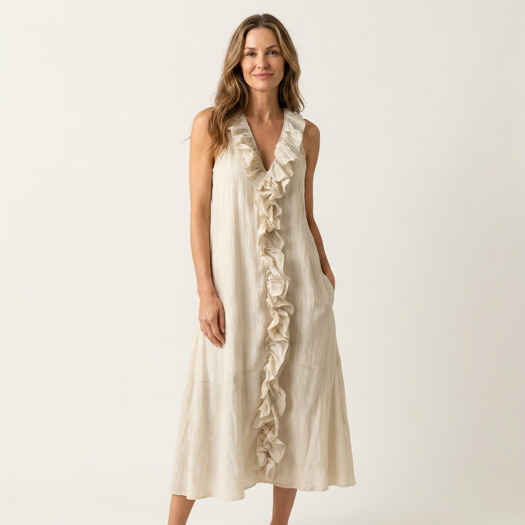 MORGANE™ - Ruffle-Front V-Neck Sleeveless Linen Maxi Dress