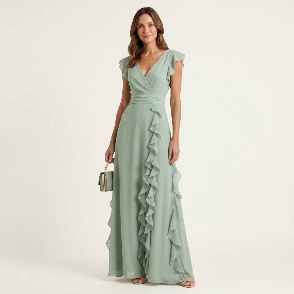 LAETITIA™ - Wrap-Style V-Neck Flutter-Sleeve Cascading Ruffle Maxi Dress