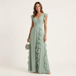 LAETITIA™ - Wrap-Style V-Neck Flutter-Sleeve Cascading Ruffle Maxi Dress