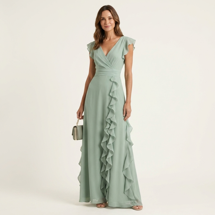 LAETITIA™ - Wrap-Style V-Neck Flutter-Sleeve Cascading Ruffle Maxi Dress