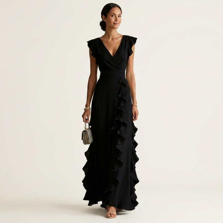 LAETITIA™ - Wrap-Style V-Neck Flutter-Sleeve Cascading Ruffle Maxi Dress