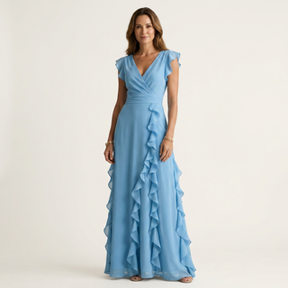 LAETITIA™ - Wrap-Style V-Neck Flutter-Sleeve Cascading Ruffle Maxi Dress