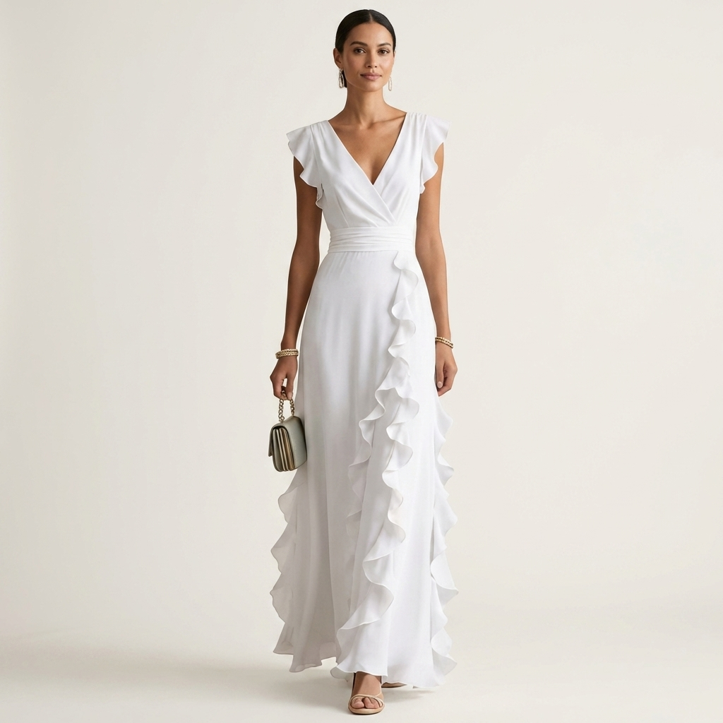 LAETITIA™ - Wrap-Style V-Neck Flutter-Sleeve Cascading Ruffle Maxi Dress