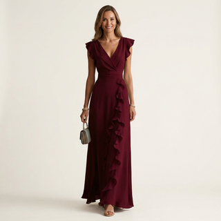LAETITIA™ - Wrap-Style V-Neck Flutter-Sleeve Cascading Ruffle Maxi Dress