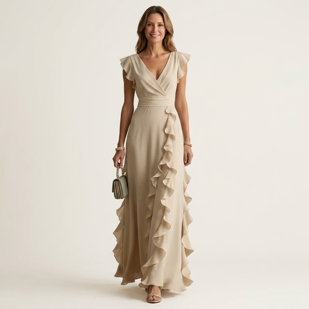 LAETITIA™ - Wrap-Style V-Neck Flutter-Sleeve Cascading Ruffle Maxi Dress