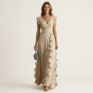 LAETITIA™ - Wrap-Style V-Neck Flutter-Sleeve Cascading Ruffle Maxi Dress