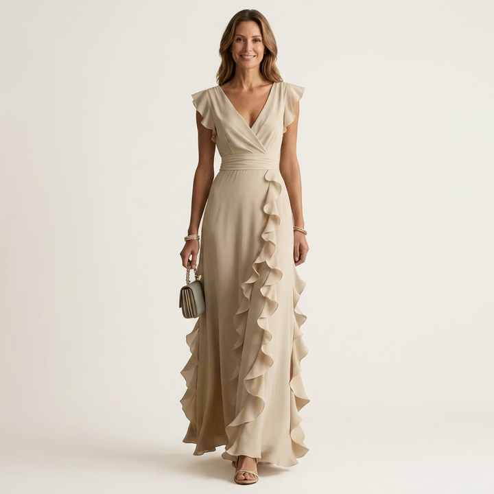 LAETITIA™ - Wrap-Style V-Neck Flutter-Sleeve Cascading Ruffle Maxi Dress