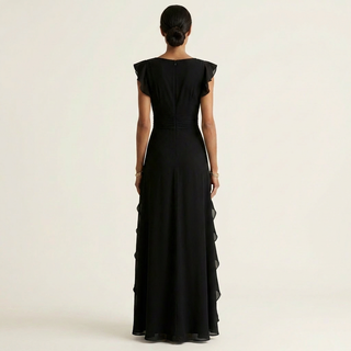 LAETITIA™ - Wrap-Style V-Neck Flutter-Sleeve Cascading Ruffle Maxi Dress