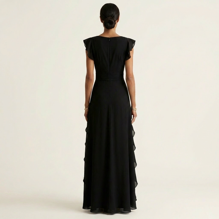 LAETITIA™ - Wrap-Style V-Neck Flutter-Sleeve Cascading Ruffle Maxi Dress