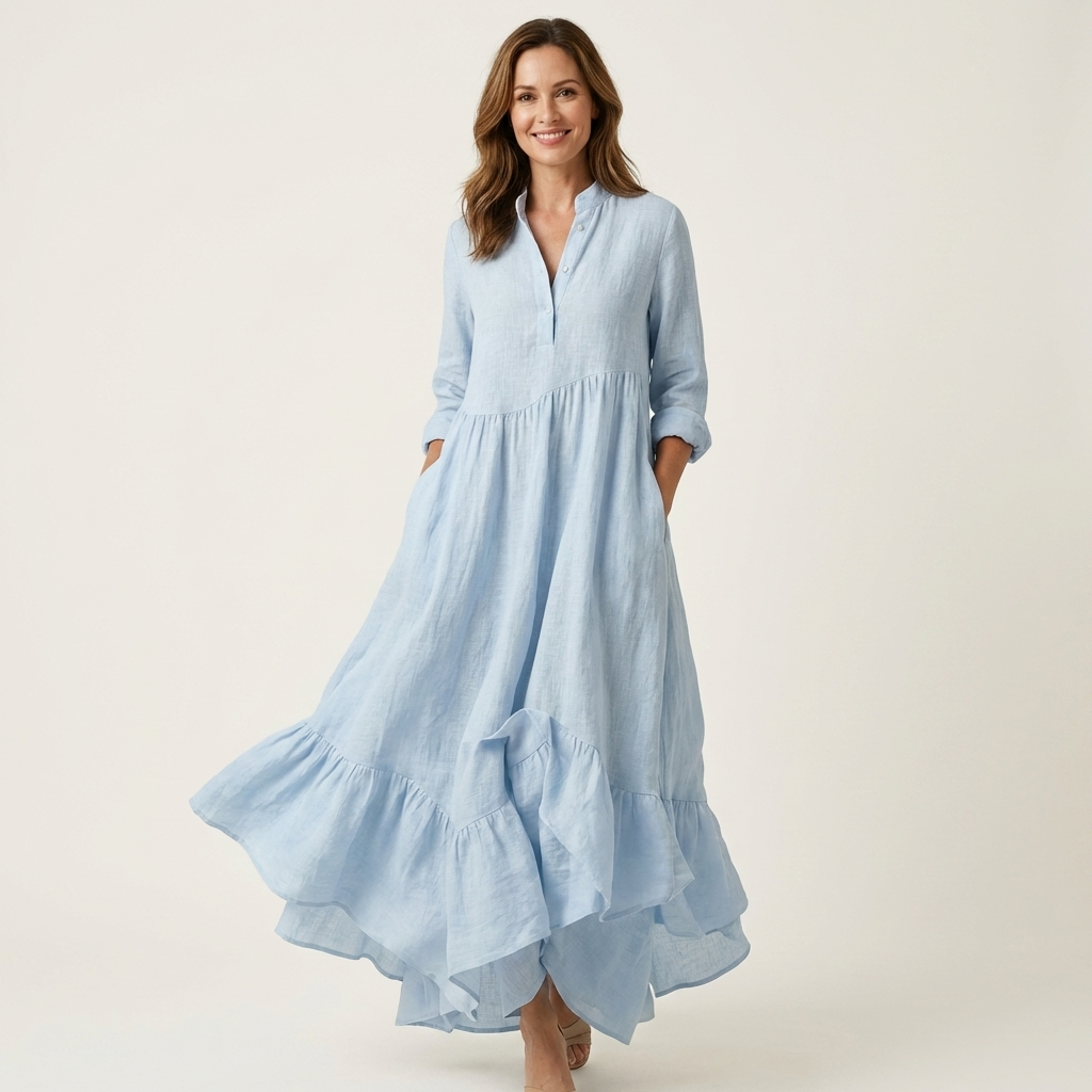 MARGHERITA™ - Stand-Collar Button-Front Ruffle Hem Maxi Dress