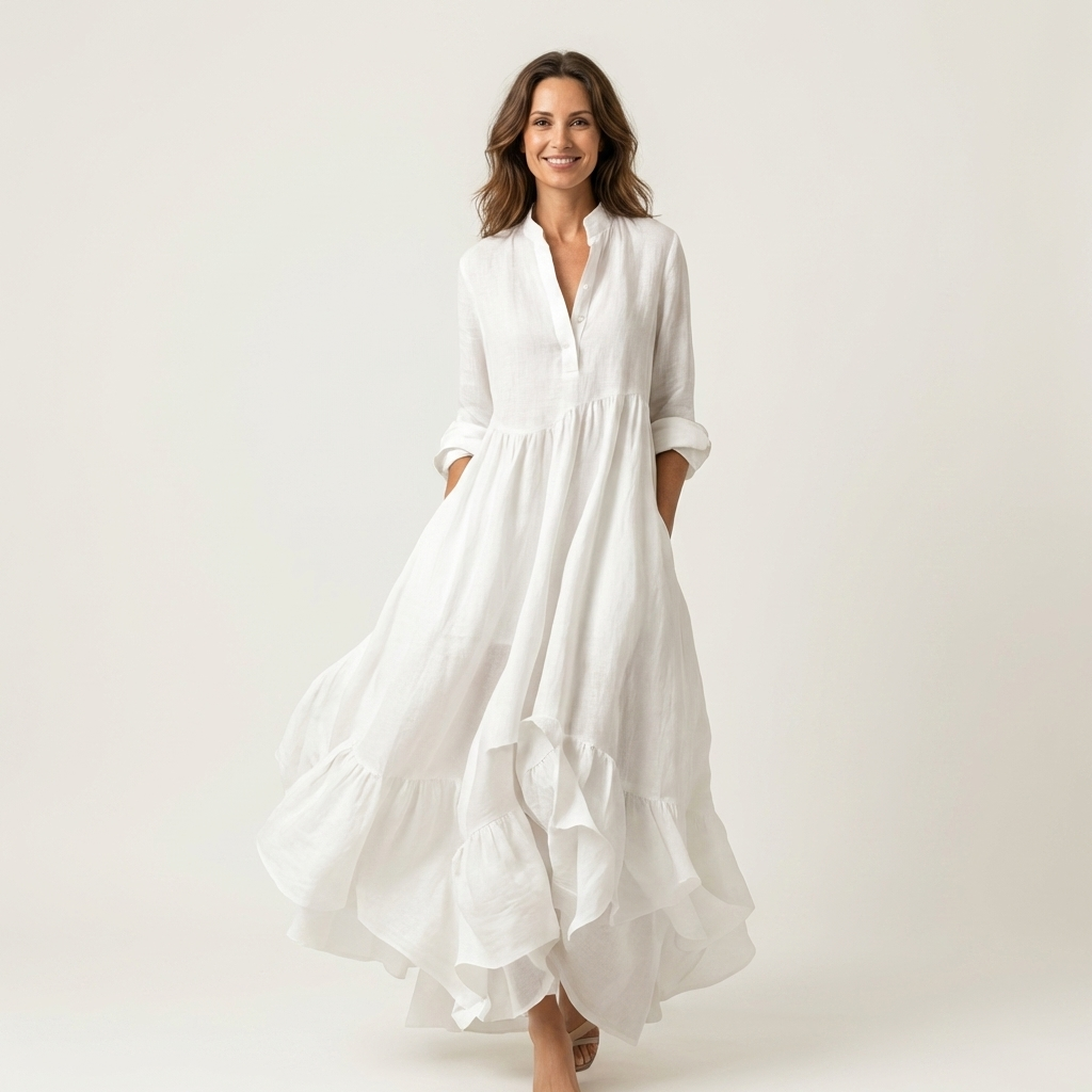 MARGHERITA™ - Stand-Collar Button-Front Ruffle Hem Maxi Dress