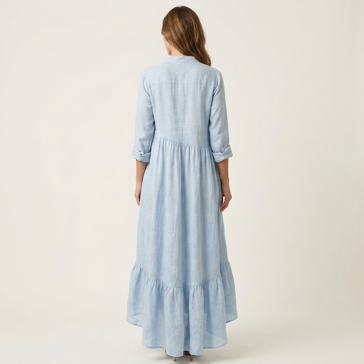 MARGHERITA™ - Stand-Collar Button-Front Ruffle Hem Maxi Dress