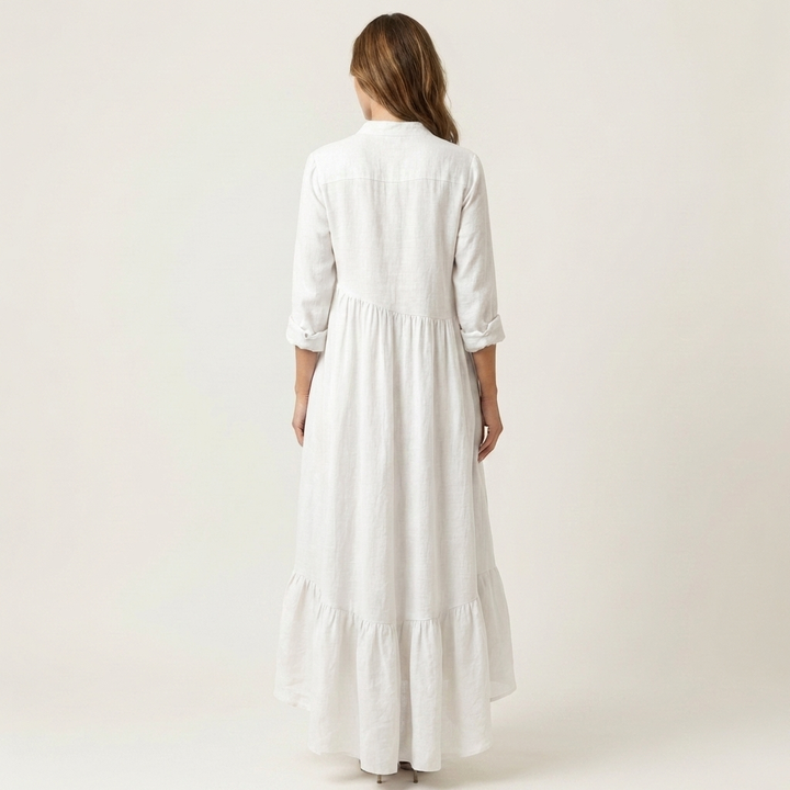 MARGHERITA™ - Stand-Collar Button-Front Ruffle Hem Maxi Dress