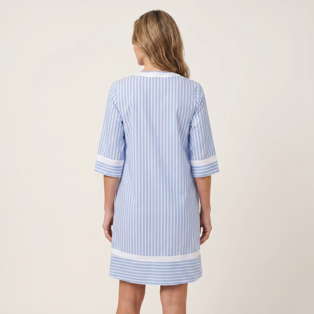 AMANDINE™ - Contrast-Trim Stripe V-Neck Cotton Shift Dress