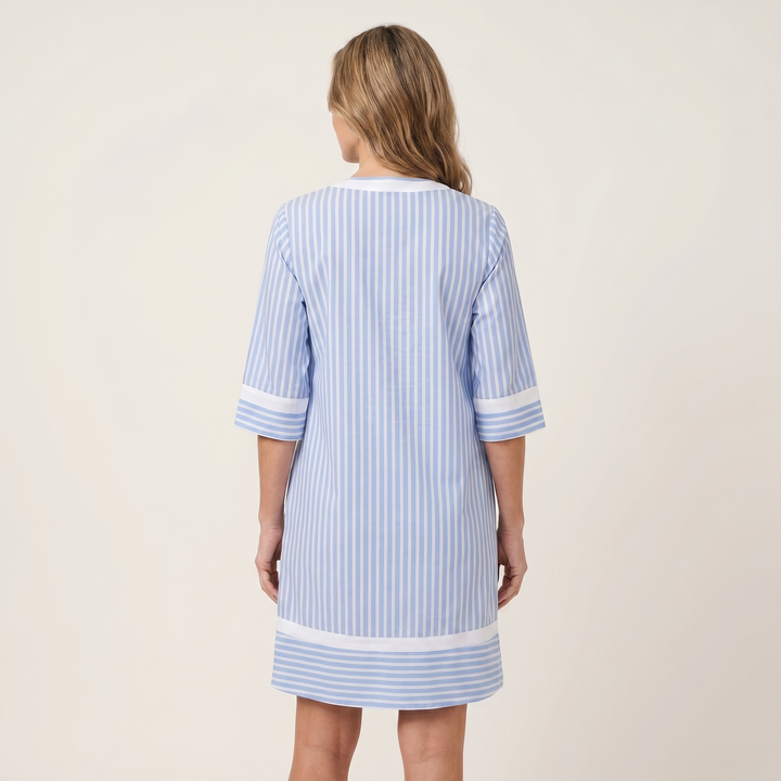 AMANDINE™ - Contrast-Trim Stripe V-Neck Cotton Shift Dress