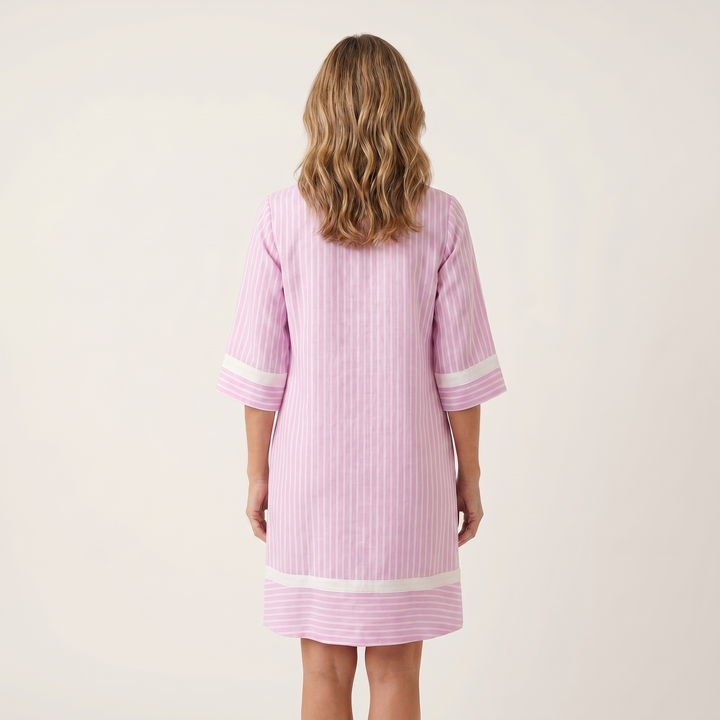 AMANDINE™ - Contrast-Trim Stripe V-Neck Cotton Shift Dress