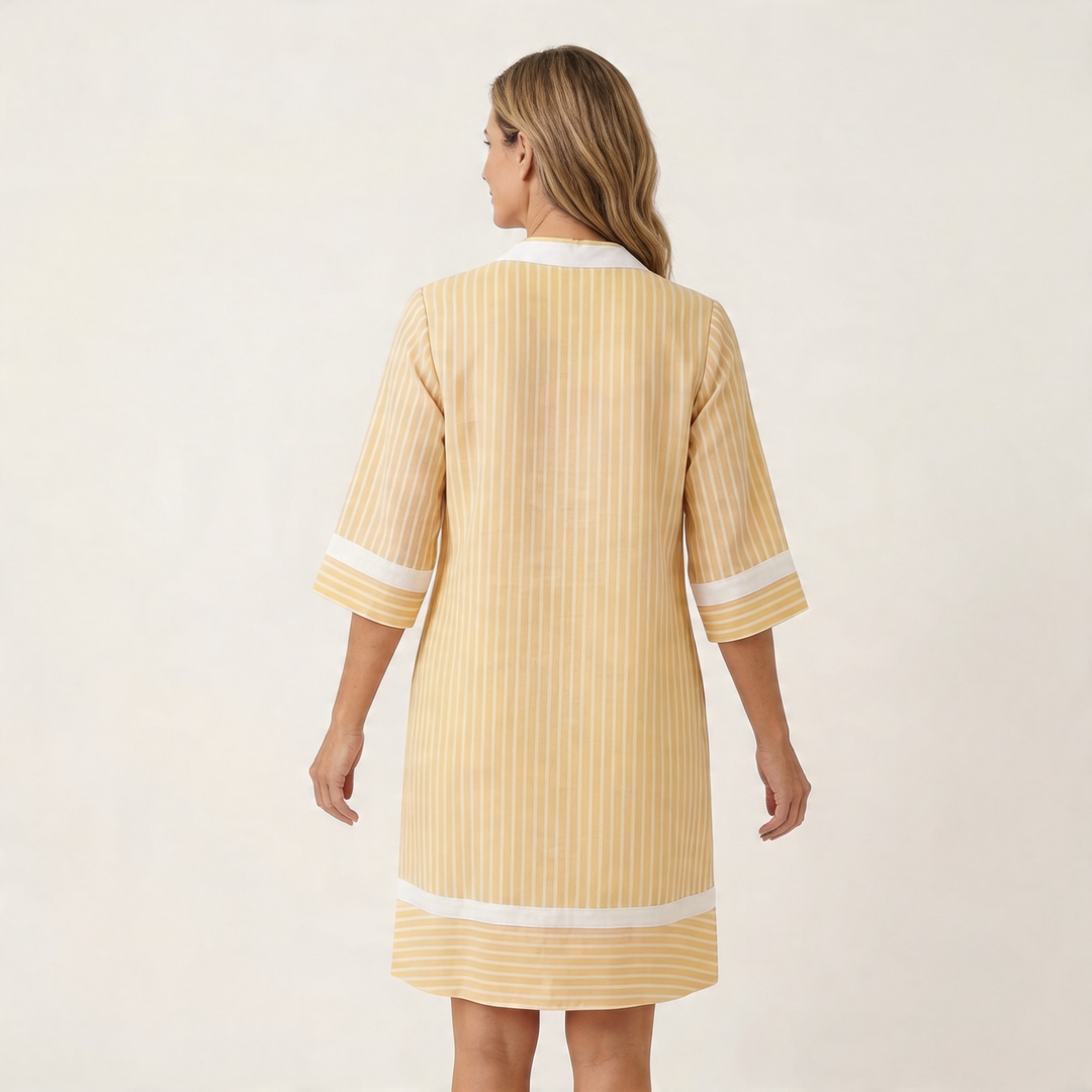 AMANDINE™ - Contrast-Trim Stripe V-Neck Cotton Shift Dress
