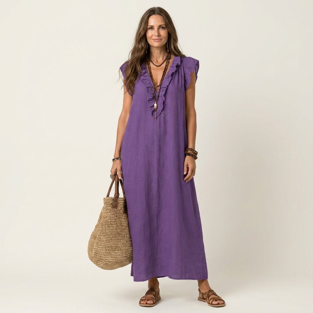 ELEONORE™ - Ruffle V-Neck Linen Maxi Dress