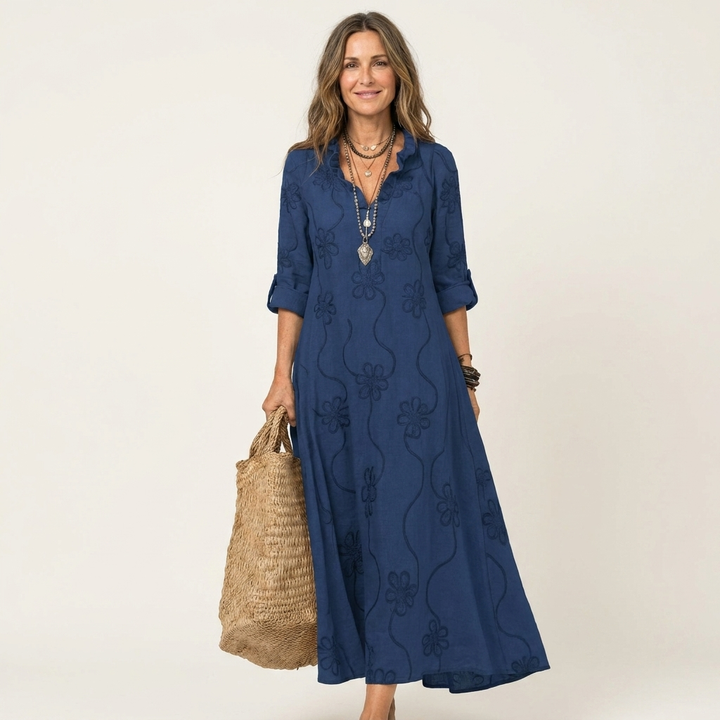 ILARIA™ - Cotton-Linen Maxi Dress with Tonal Floral Embroidery