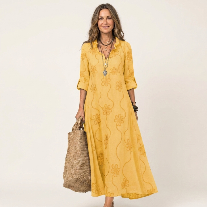 ILARIA™ - Cotton-Linen Maxi Dress with Tonal Floral Embroidery