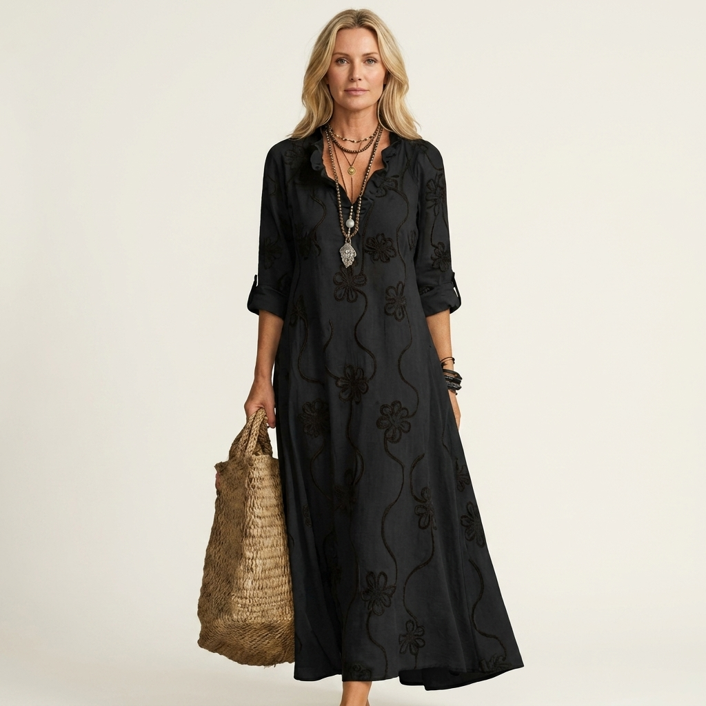 ILARIA™ - Cotton-Linen Maxi Dress with Tonal Floral Embroidery