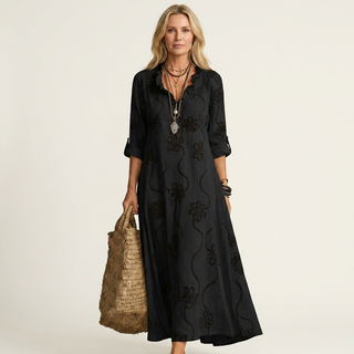 ILARIA™ - Cotton-Linen Maxi Dress with Tonal Floral Embroidery