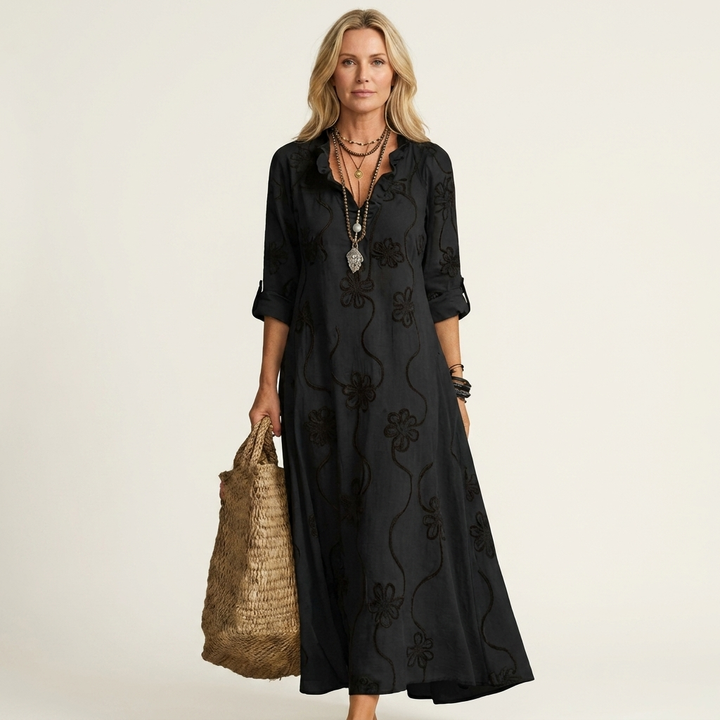 ILARIA™ - Cotton-Linen Maxi Dress with Tonal Floral Embroidery