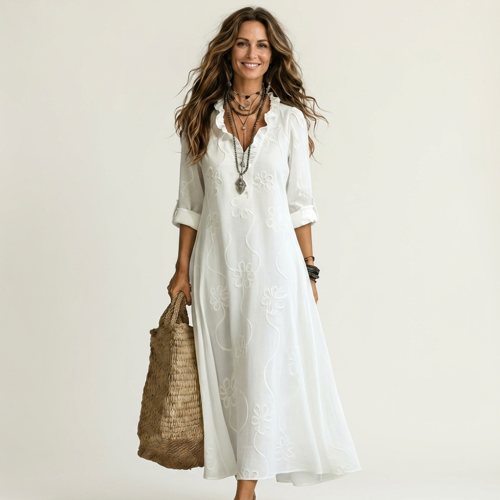 ILARIA™ - Cotton-Linen Maxi Dress with Tonal Floral Embroidery