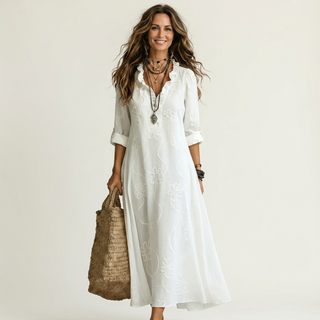 ILARIA™ - Cotton-Linen Maxi Dress with Tonal Floral Embroidery