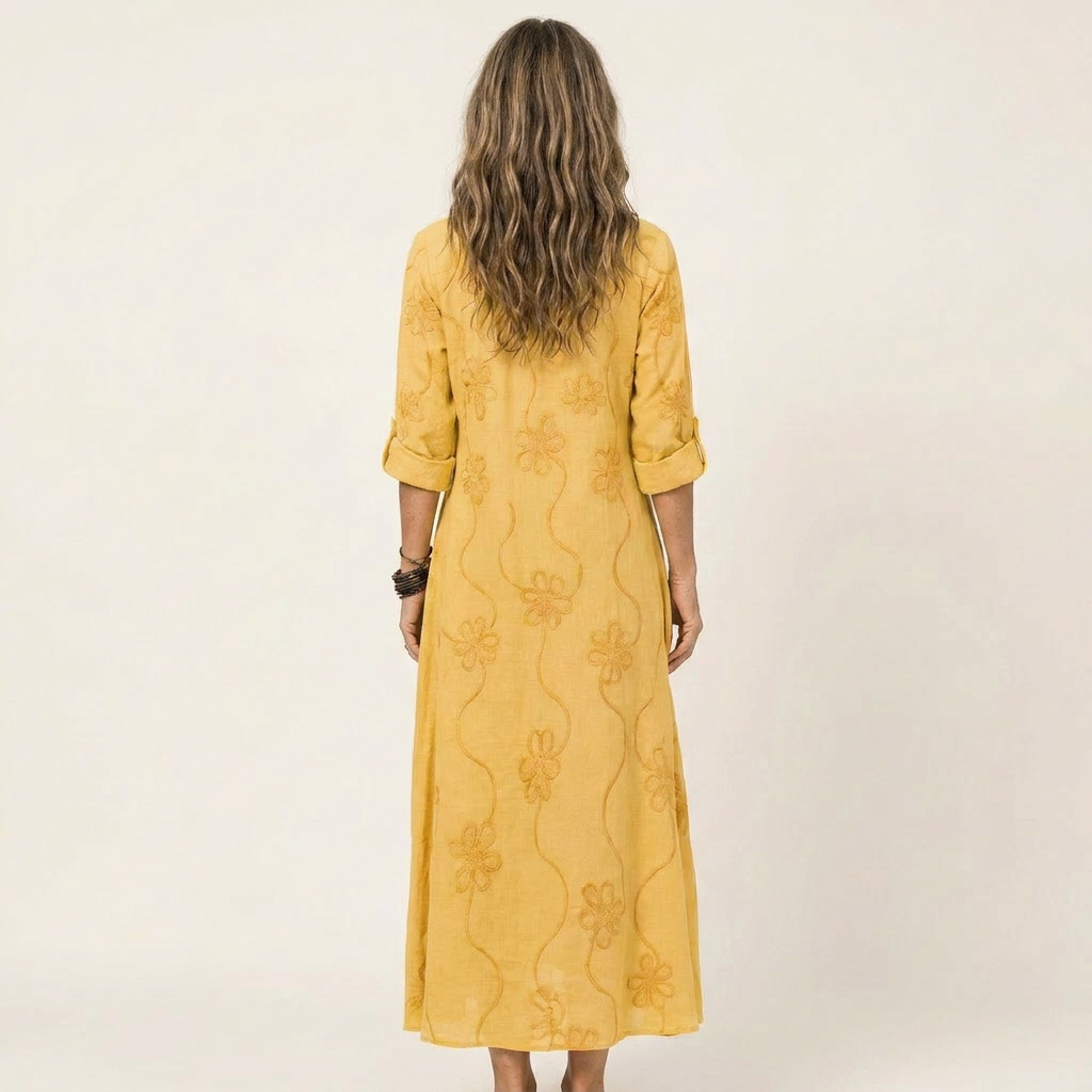 ILARIA™ - Cotton-Linen Maxi Dress with Tonal Floral Embroidery