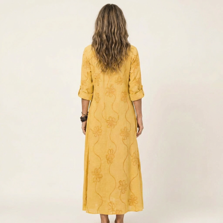 ILARIA™ - Cotton-Linen Maxi Dress with Tonal Floral Embroidery