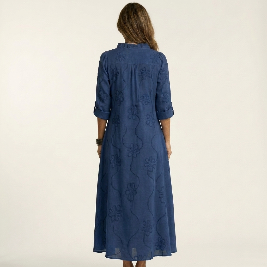ILARIA™ - Cotton-Linen Maxi Dress with Tonal Floral Embroidery