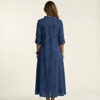ILARIA™ - Cotton-Linen Maxi Dress with Tonal Floral Embroidery