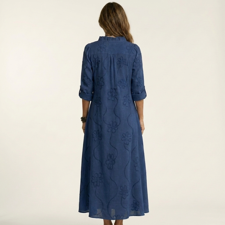 ILARIA™ - Cotton-Linen Maxi Dress with Tonal Floral Embroidery