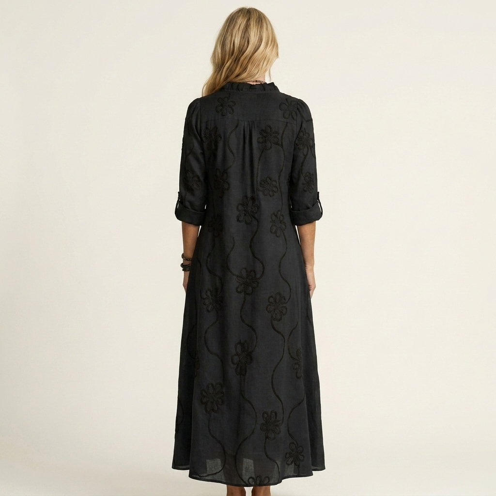 ILARIA™ - Cotton-Linen Maxi Dress with Tonal Floral Embroidery
