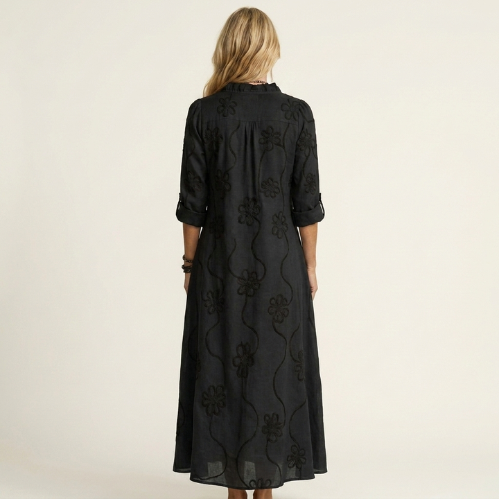 ILARIA™ - Cotton-Linen Maxi Dress with Tonal Floral Embroidery