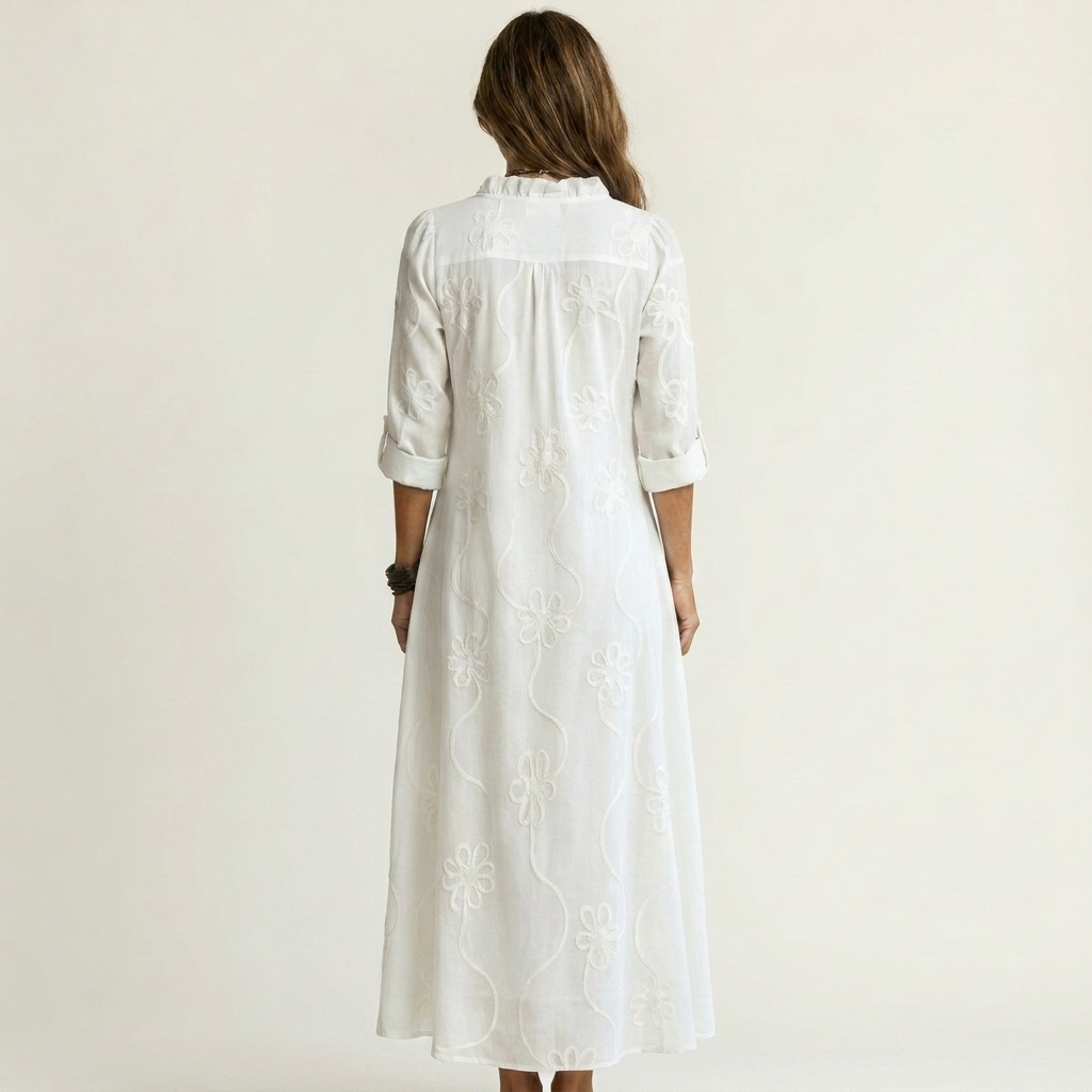 ILARIA™ - Cotton-Linen Maxi Dress with Tonal Floral Embroidery