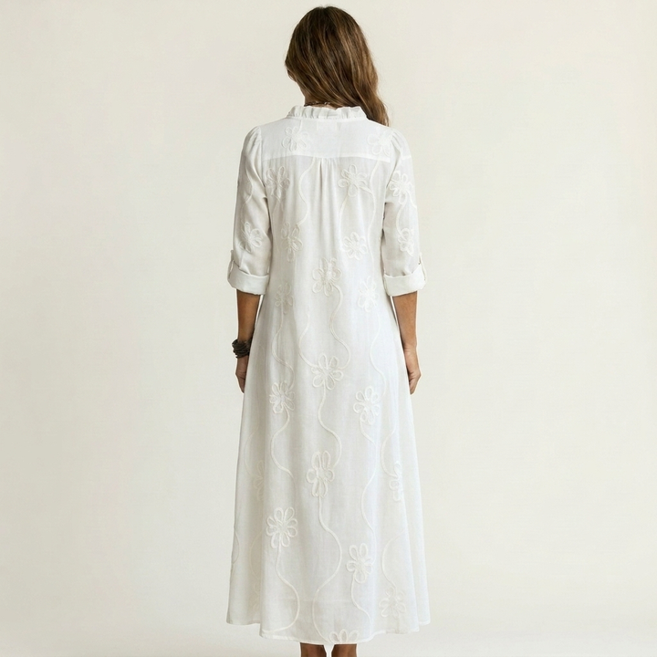 ILARIA™ - Cotton-Linen Maxi Dress with Tonal Floral Embroidery