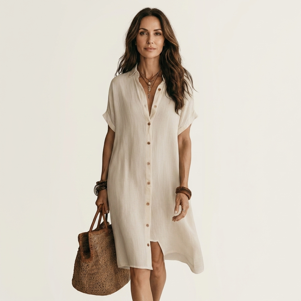 GEORGINA™ - Cotton-Linen Midi Shirt Dress with Rolled Cuffs