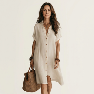 GEORGINA™ - Cotton-Linen Midi Shirt Dress with Rolled Cuffs