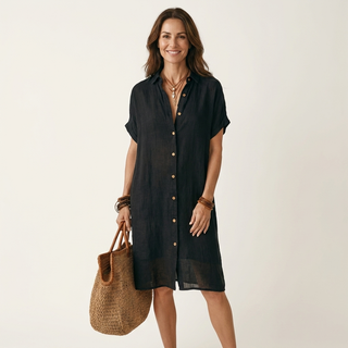 GEORGINA™ - Cotton-Linen Midi Shirt Dress with Rolled Cuffs
