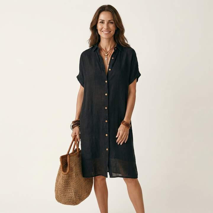 GEORGINA™ - Cotton-Linen Midi Shirt Dress with Rolled Cuffs