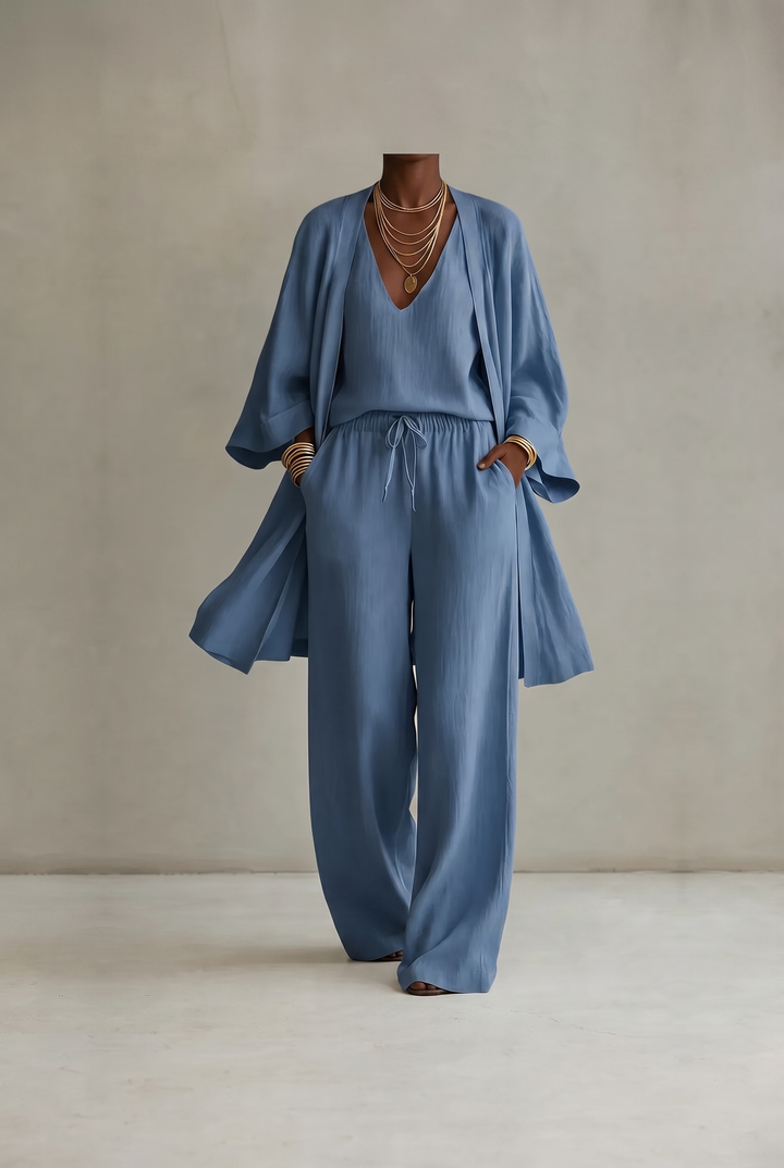 TANISHA - 3-Piece Linen Look Set Blue