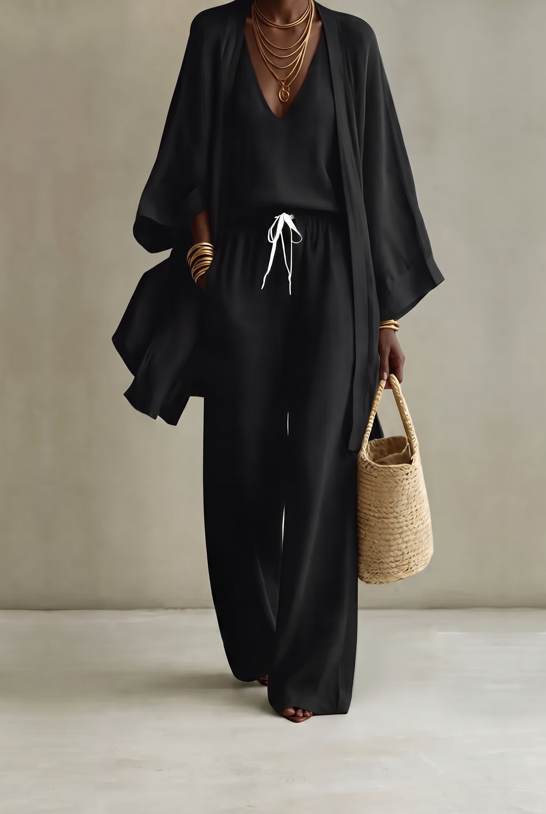 TANISHA - 3-Piece Linen Look Set Black